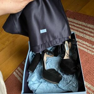 Prada Black Suede Platform Ankle Strap Heels
